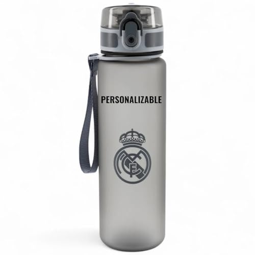 Real Madrid Botella Deportiva Personalizable, Gris, 650 ml, con Asa y Tapa con Cierre, Acabado Mate, Temática Fútbol