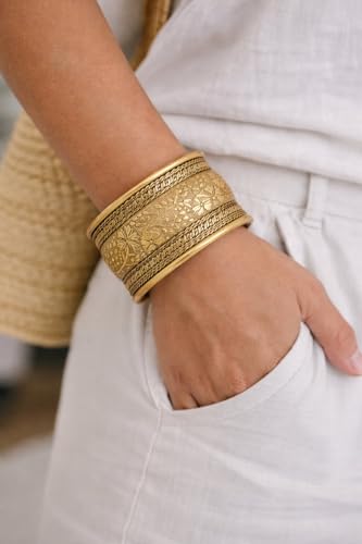 Image of Touchstone Indian Bollywood Desire Brass Base Exotic Workmanship Free Size Cuff Bracelet in Antique Gold Or White Or Copper Tone for Women.