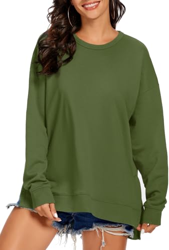 Image of APEIYU Women's Sweatshirts Long Sleeve Tops for Ladies Sweatshirts Round Neck Loose Sweatshirts Casual Knit Pullover Olive XXL