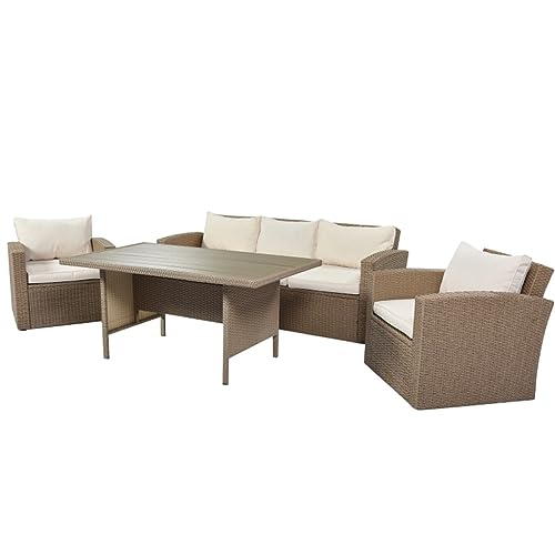 Juego de muebles de patio al aire libre, juego de conversación de 4 piezas, juego de muebles de mimbre con cojines beige