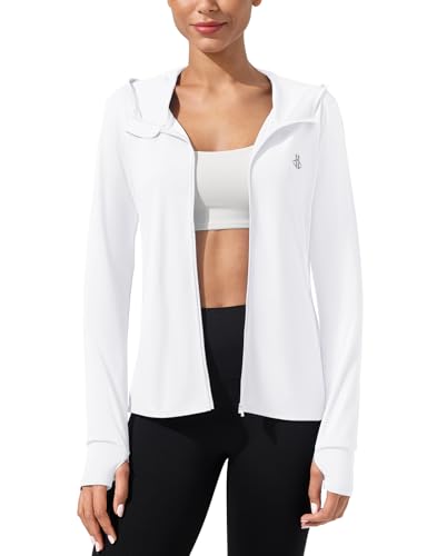 ASPO Womens UPF 50+ Sun Protection Jacket Hoodie Long Sleeve UV Shirts Lightweight Hiking Athletic Hoodies with Pockets White L