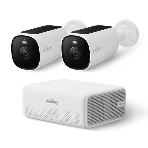 youkey 4K Solar Security Cameras Wireless Outdoor, 2-Cam Kit, 24/7 AOV Continuous Recoding, Home Security System with Solar Panel, Free Face Recognition AI, Expandable Local Storage, No Monthly Fee