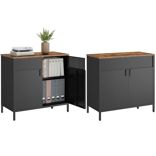SONGMICS 2-Piece Metal Storage Cabinets, Rustic Brown/Black