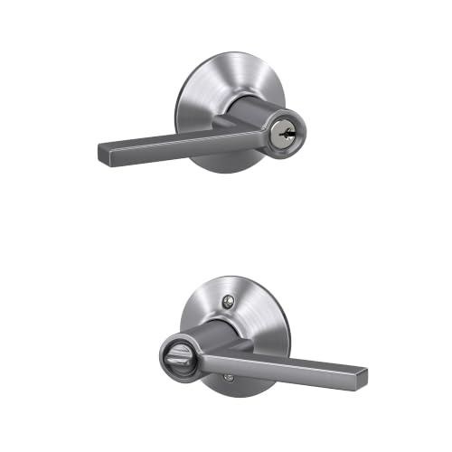 Image of SCHLAGE Latitude Keyed Entry Door Handle, Reversible, Satin Chrome | Keyed entry lever door handle with turn-button lock, Easy to install, Certified security & durability, Universal fit, 2 keys