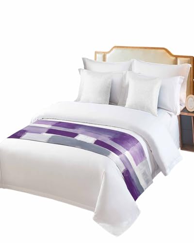 Twin Bed Runner Abstract Watercolor Geometric Bedding Runner Scarves Decorative Bed Scarf, Purple Gray Graffiti Texture Soft Bedding Scarf for Bedroom Hotel Wedding 71x20in