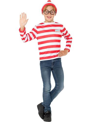 Smiffys Wheres Wally Instant Kit Childrens Red & White Top Hat & Glasses Official License Kit with Iconic Logo Perfect for Themed Parties or World Book Day or Halloween