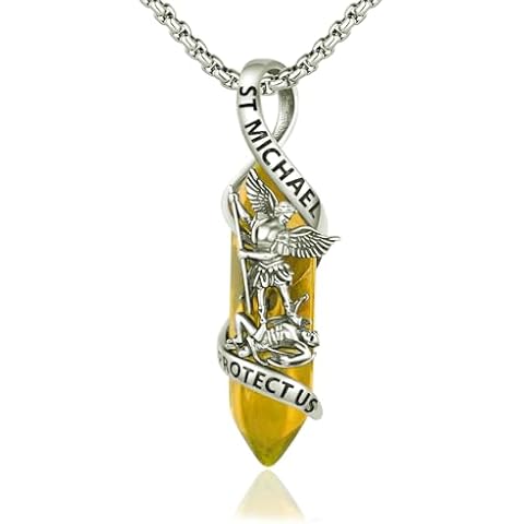 Brisskaari St Michael Necklace 925 Sterling Silver Archangel Michael Pendant Healing Crystal Point Saint Michael Necklace Amulet Protection Catholic Jewelry for Men Women (Yellow) Cover