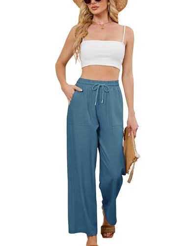 Women Summer Wide Leg Linen Pants Casual Palazzo Pant Cotton Lounge Beach Trousers with Pockets