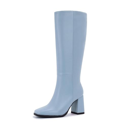 Image of Knee High Boots for Women - Wide Calf Boots with Zipper, Square Toe Tall Leather Boots, Chunky Heel Fashion Long Boots