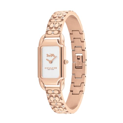 Image of Coach Cadie Qtz Basic Silver White Rectangle Dial Women's Analog Watch|Ionic Plated Rose Gold Steel & Crystals Material|Gold Color Band - 14504197