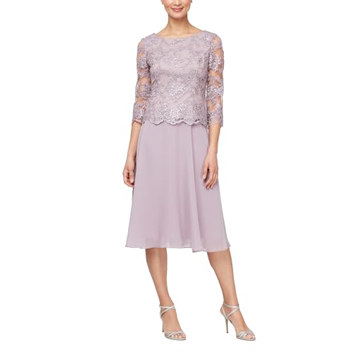 Image of Alex Evenings Women's Tea Length Embroidered Bodice Mother of The Bride Gown, Wedding Guest Dress (Petite and Regular Sizes)
