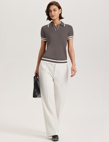 Image of Micoson Womens Short Sleeve Sweater Tops Lapel V Neck Polo Shirts 2026 Summer Cable Knit Loose Blouse Business Casual Outfits
