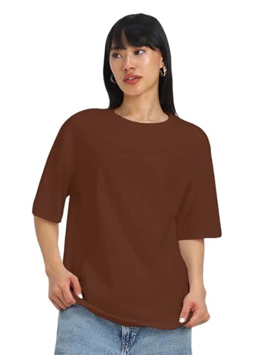 Image of JUNEBERRY Pure Cotton Oversized Baggy Fit Half Sleeve Drop Shoulder Plain Solid Round Neck T-Shirt for Women (Available in Black, White, Lilac, Cork, Maroon, Royal Blue, Swan White, Soap Nut Colors)