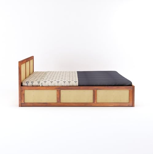 Image of Solid Sheesham Wood Queen Size Bed with Box Storage for Bedroom Home Living Room Hotel Wooden Double Bed Cot Palang Furniture (Honey Finish)