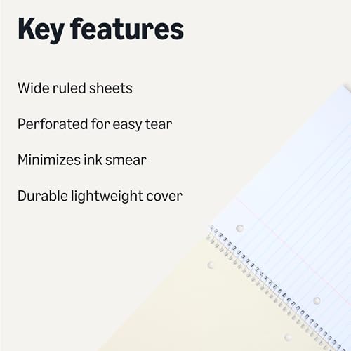 Image of Amazon Basics Wide Ruled Spiral Notebook, For Work and School, 70 Sheets, 8 inch x 10.5 inch, Assorted Solid Colors, 5 pack