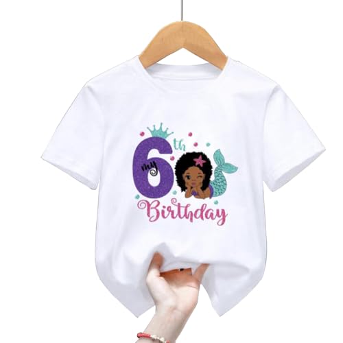 6th Birthday Shirt for Girls, Dress T Shirt for Girls 6 Year Old Gift Outfit Decoration Mermaid Birthday Clothes Style C White