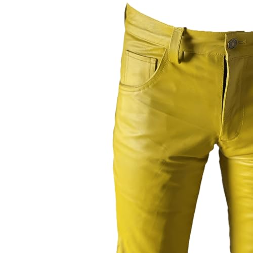 Wonswani Mens Genuine Leather Yellow Pants Biker Pants Cuir Breeches Lederhosen Trousers4