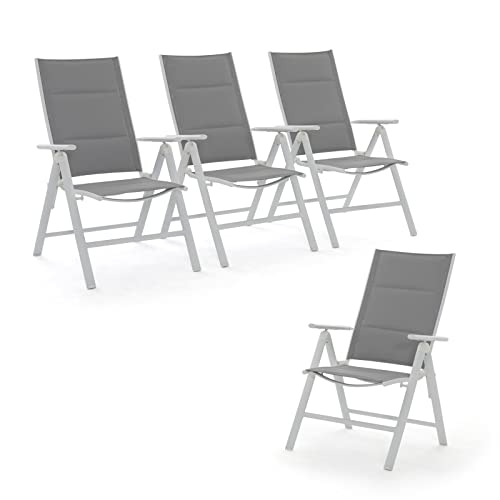 Soleil Jardin Folding Patio Chairs Set Of 4, Aluminum Portable Reclining Lawn Chairs With Adjustable High Backrest & Soft Padding, Outdoor Dining Chairs For Porch Pool Yard, No Assembly, White & Gray #TOP12