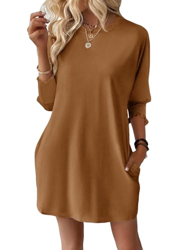 Image of Dokotoo Womens Dresses 2025 Spring 3 /4 Sleeve Fashion Dresses Crewneck Casual Mini Dress with Pockets S-XL
