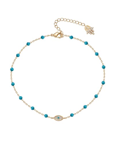PAVOI 14K Yellow Gold Plated Beaded Hamsa Anklet With Evil Eye Charm for Women | Dainty Anklet with Turquouise Enamel Beads