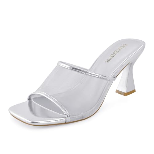 Image of Women's Mule Heels Chunky Kitten Heeled Sandals Mesh Slip On Square Toe Comfortable Casual Dress Pumps Shoes