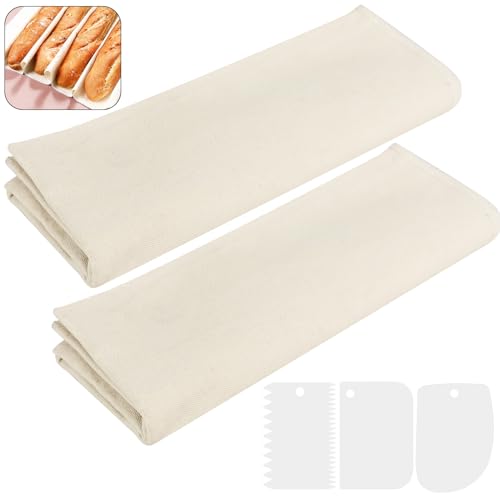 VEPEPE 2 Pezzi Panno Lievitazione Pane con 3 Raschietto per Pasta in Plastica Baguette Kit Pane Telo di Lino Lievitazione 36x48cm & 45x75cm Panno di Telo Lino Naturale per Preparazione Impasto