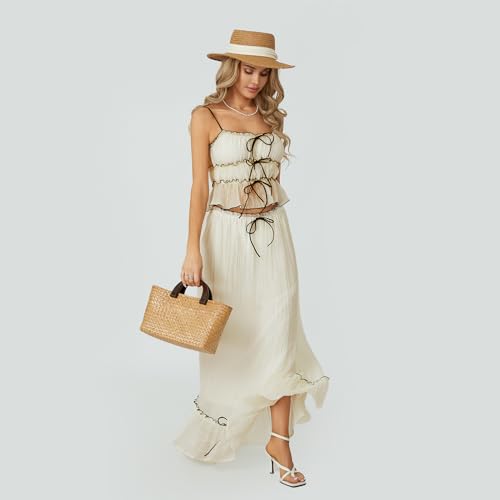 Chloefairy Women 2 Piece Maxi Skirt Set Patchwork Front Tie-Up Spaghetti Strap Camisoles Matching with Ruffle Long Skirt3