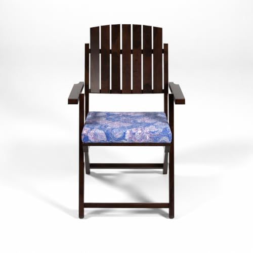 Image of WELL KNOWN Set of 2 Wooden Folding Chairs, Blue Cushion | Cushion Seat & Armrests, Walnut Finish Solid Wood, Patio, Balcony & Garden, Space Saving, Indoor Outdoor Furniture