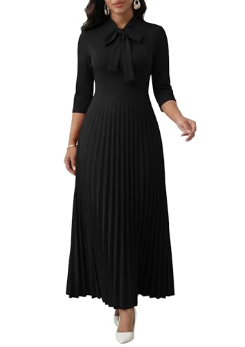 Image of FANDEE Maxi Dress for Women Formal 3 /4 Sleeve Pleated Empire Long Dress Semi Formal Tie Neck Office Work Dresses