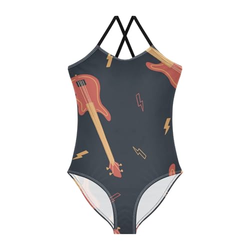 Girls One Piece Swimsuits Bass Guitar and Lightning on Dark Sport Halter Swimwear Beach Bathing Suit,9-10T