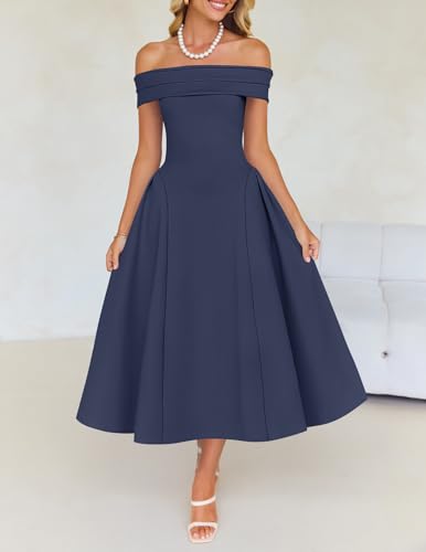 Image of ZESICA Summer 2026 Cocktail Dresses for Women's Off Shoulder Short Sleeve Swing A Line Wedding Evening Party Midi Dress