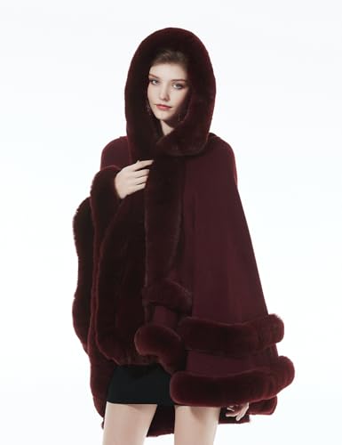 BEAUTELICATE Women Knit Cape Coat Knitted Hooded Cloak Poncho with Fur Trims Faux Fur Shawl3