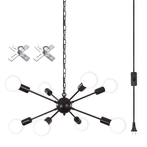 LASENCHOO 8 Lights Plug in Chandelier,Hanging Lights with Plug in Cord 16.4ft & On/Off Switch,Black...