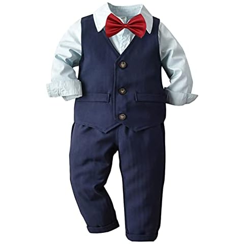 Moneric Little Boys Gentleman Suit Set Boy Formal Outfit Long Sleeve Shirt with Bowtie + Waistcoat + Pants Blue 5-6 Years Cover