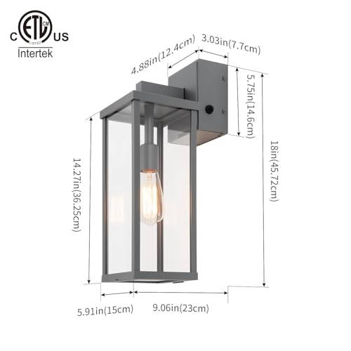 Image of mirrea 18 inch Classic Outdoor Wall Sconce with Built-in GFCI Outlet 1 Light in Matte Gray Rectangular Metal Frame and Clear Glass Shade Waterproof Porch Light Patio Light