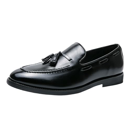 Men's Formal Tassel Loafers Spanish Leather Prom Slip On Pointed Toe Anti-Slip Office Business Shoes(Black,6.5)