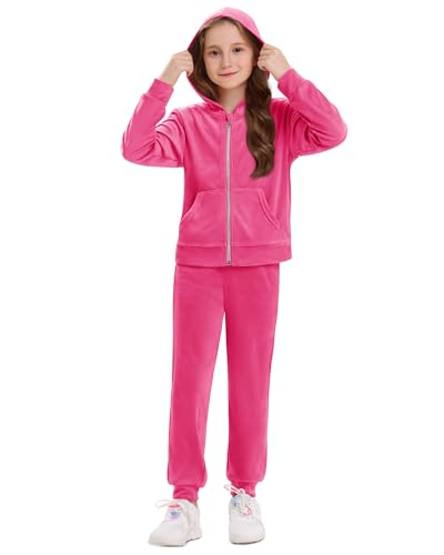 Stelle Girls Velour Tracksuits 2 Piece Sweatsuit Outfit with Pockets Zip Up Hoodie and Jogger Sweatpants Athletic Clothing Sets(Hot Pink,M)