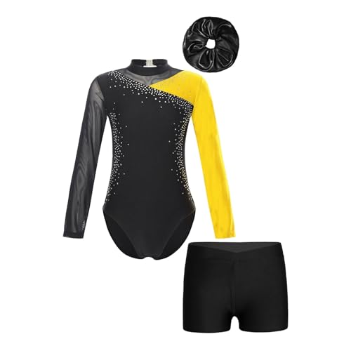 Maillot de Gimnasia Leotardos Traje de gimnasia for niñas, mono de patinaje de manga larga con bloques de colores brillantes, leotardo de ballet con tutú for niñas y pantalones cortos(Yellow,8)