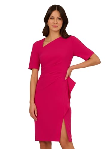 Image of Adrianna Papell Stretch Crepe Side Draped Sheath Dress with Asymmetrical Neckline