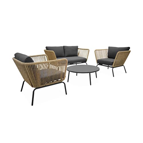 Alice's Garden - Salon de Jardin Bas. résine tressée Effet Corde. Coussins anthracites 4 Places