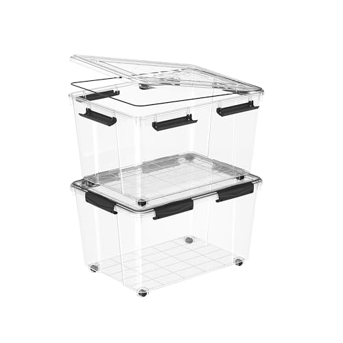 Cetomo 55L*2 Cajas de almacenamiento plásticas herméticas con junta de sellado, ruedas y tapa, para garaje/exterior, edredones/ropa, impermeables, apilables, de PP transparente, 55L (2 unidades)