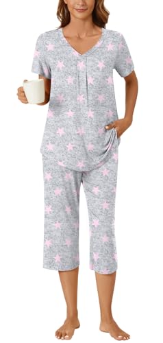 Image of Bestbee Women's Pajama Sets 2 Piece Lounge Outfits Summer Sleepwear V Neck Short Sleeve Capri Pant With Pockets Ladies Pjs