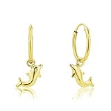 Diámetro Creoles: 12 mm DTP Silver - Plata de Ley 925 Plateada en Oro Amarillo 18 K - Pendientes de aro con Colgantes en forma de Delfín