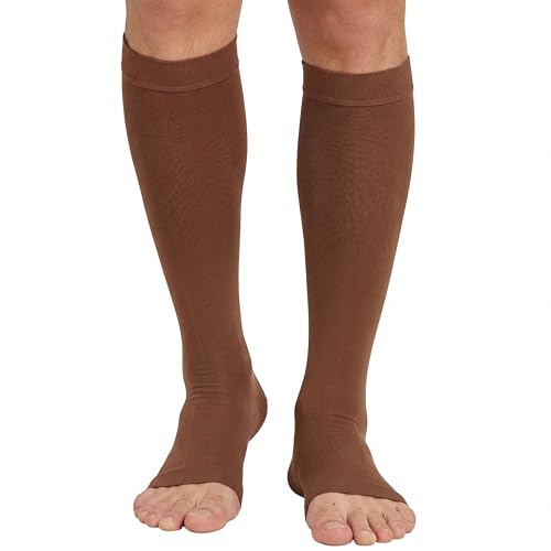 Image of MGANG Knee High Compression Socks 20-30mmHg for Varicose Veins, Open Toe | Graduated Compression, Circulation, DVT, Swelling, Nurses, Pregnancy, Standing, Office, Flight, Travel, Running, Recovery