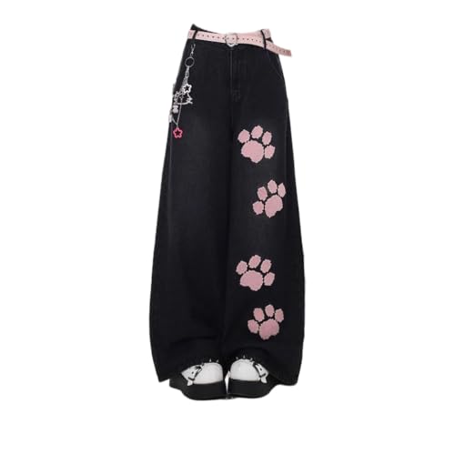Y2k Kawaii Cat Paw Embroidery Wide Leg Jeans Vintage Hiphop Streetwear Preppy Sweet Loose Fit Casual Denim Pants, Black, Large