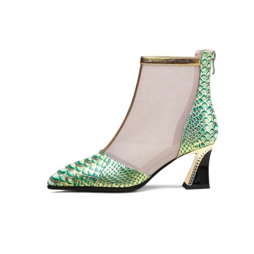 TinaCus Embossed Genuine Leather & Mesh Mid Chunky Heels Handmade Buck Zipper Women's Unique Ankle Boots2