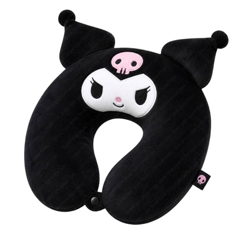 Image of SHAKTISM Cute Cartoon U-Shaped Neck Pillow for Travel | Soft Plush Neck Support Cushion for Kids & Adults | Lightweight Portable Headrest for Car, Flight & Home Use (Black)
