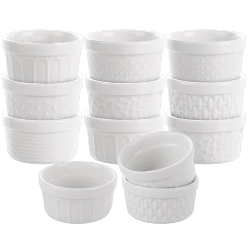 Image of YOUNTHYE 12PCS Ramekins, 6OZ White Ramekins Set Embossed with Textured Design, Porcelain Souffle Dish, Ramekin Dishes for Souffle, Pudding, Cakes, Ice Cream and Sauce
