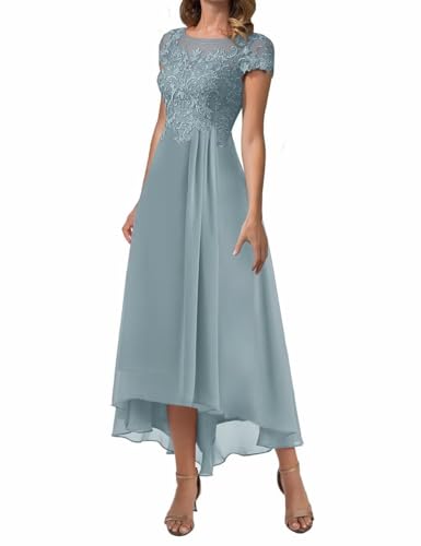 Women's Chiffon Mother of The Bride Dress Lace Appliques Short Sleeves A-Line Midi Length Formal Prom Party Dresses2