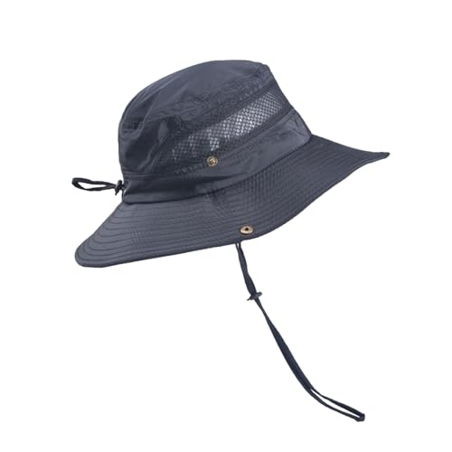 UKCOCO Outdoor UV Protection Fishing Hat with Cord Breathable Mesh Wide Brim Headgear for Camping Hiking and Mountaineering Black